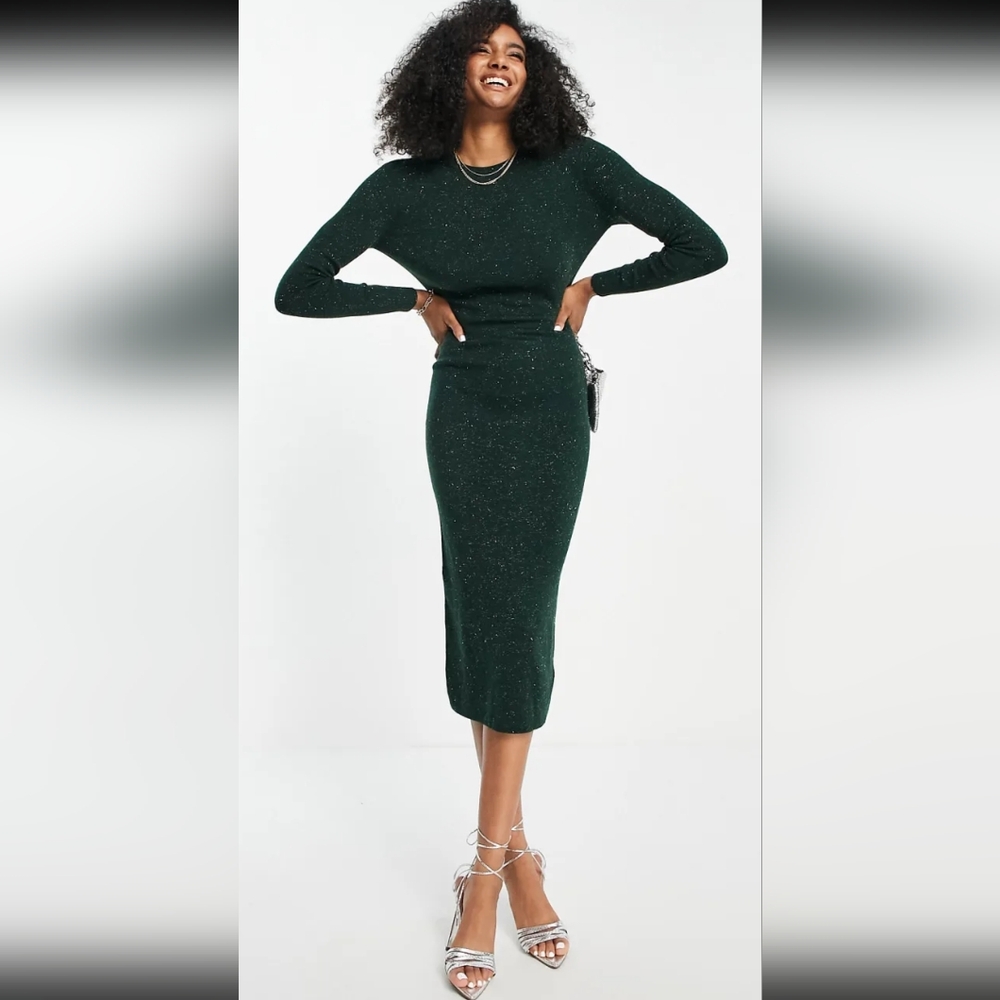 Whistles long sleeve midi dress in green sparkle